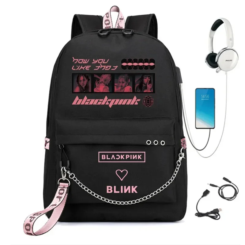 Mode Schwarz Rucksäcke Rosa Mädchen Schule Reisetaschen Laptop Kette Rucksack Kopfhörer USB Port CMM1401