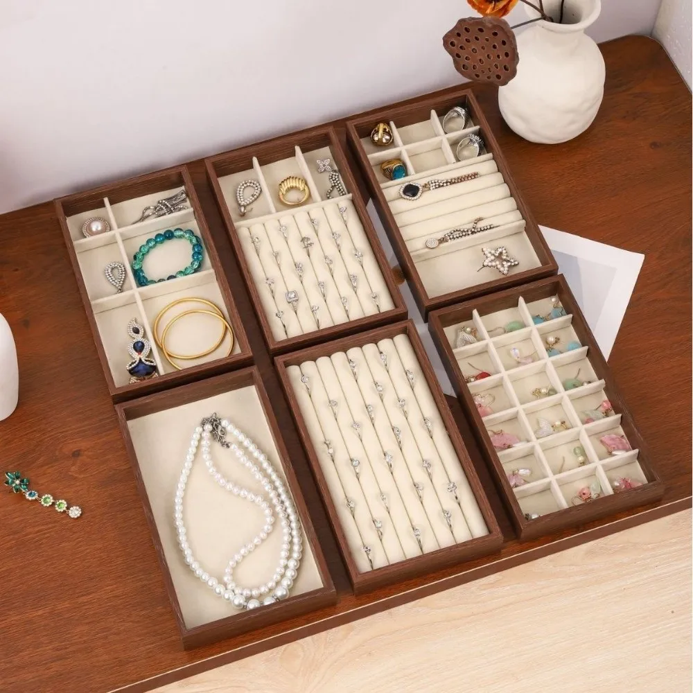 

23X13X3CM Jewelry Tray Velvet Surface Flannel Lining Jewelry Storage Box Large Capacity Wooden Material Storage Solution