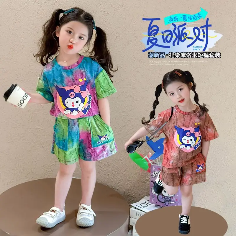 

New Summer Kuromi Anime Kawaii Sanrio Ins Short Sleeved Shirt Pants Set for Girls Boys Cute Cartoon Fashionable Casual Clothes