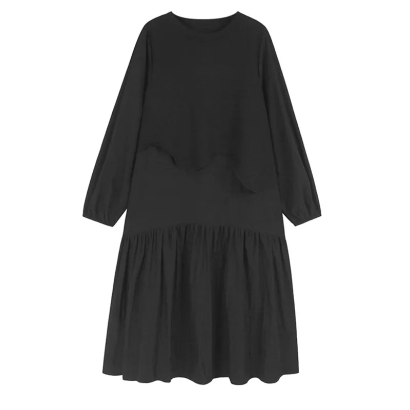 [فايب] فستان نسائي أسود كاذب بحاشية مكشكشة مقاس كبير فستان ميدي جديد برقبة دائرية وأكمام طويلة موضة المد ربيع الخريف 2025