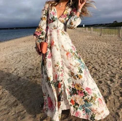 Floral printed loose Vintage Dresses women 2021 Single breasted elegant ruffle long maxi dress beach boho dress Spanish style