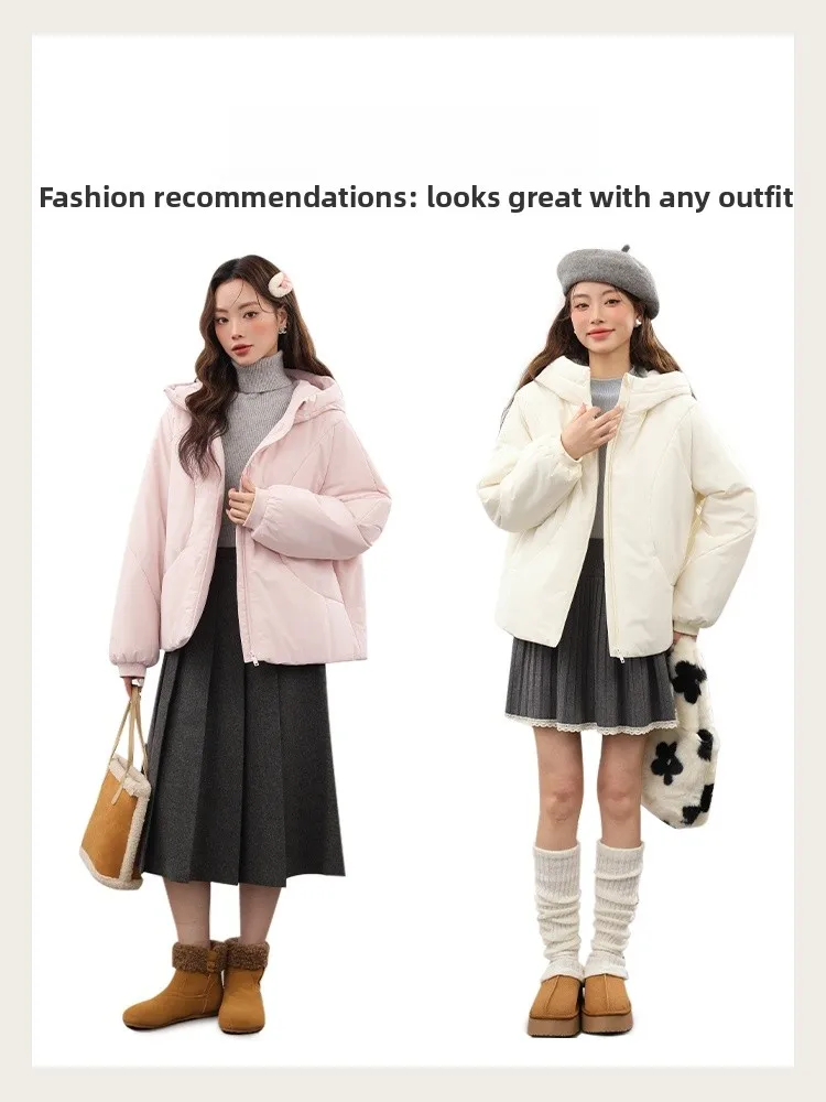 Jaket Wanita Musim Dingin Tebal Hangat Warna Pink Berkerudung, Pakaian Luar Trendy Berbahan Katun, Model Lurus Sederhana