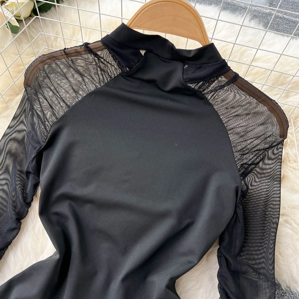Sexy Gauze Folds Solid Bodysuit Fashion Long Sleeve O-neck One Piece Basic Hotsweet Women Gothic Slim Streetwear Jumpsuit Ins