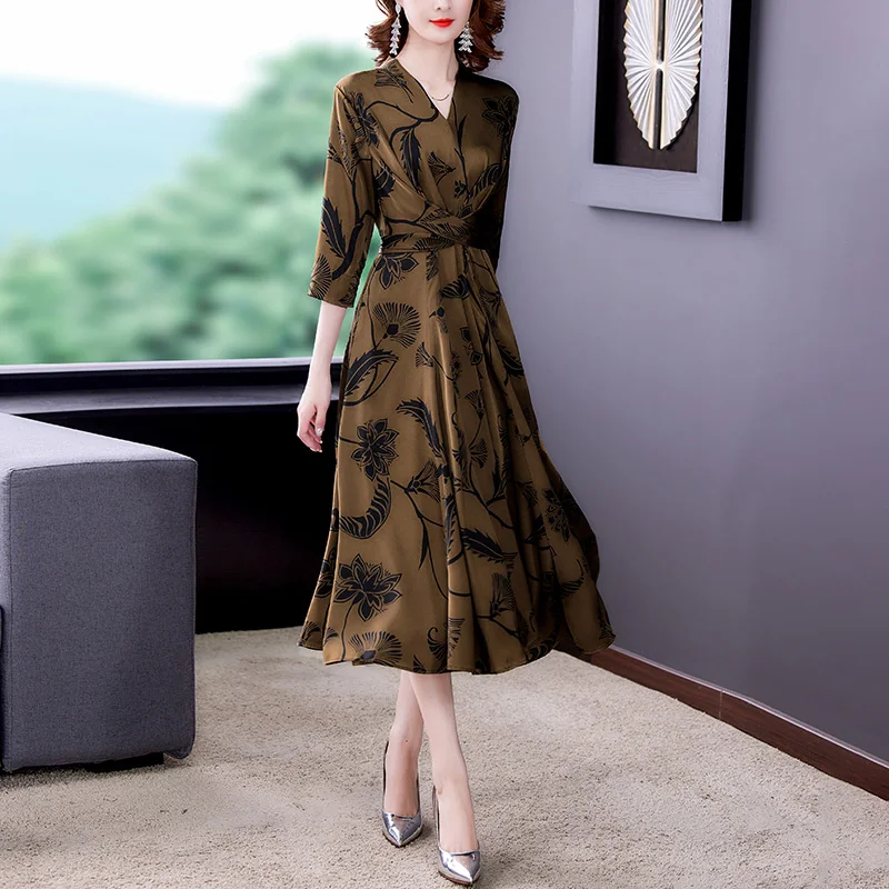 Women Satin Floral Natural Silk V-Neck Maxi Dress Spring Summer Vintage Casual Midi Dresses 2024 Elegant Bodycon Party Vestidos