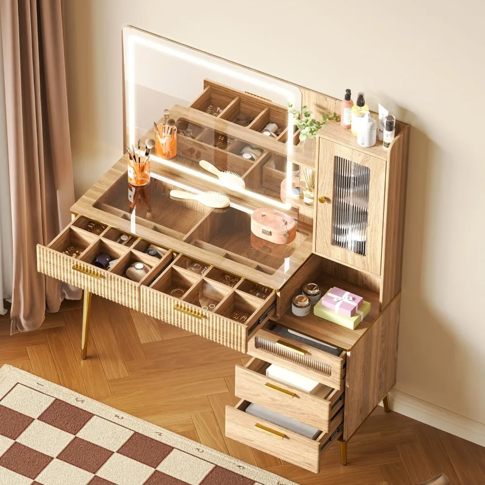 Meja Rias Modern Besar 47,24" dengan Cermin dan Lampu, Meja Rias dengan Cermin Berlampu HD 29,53", Meja Rias Rias