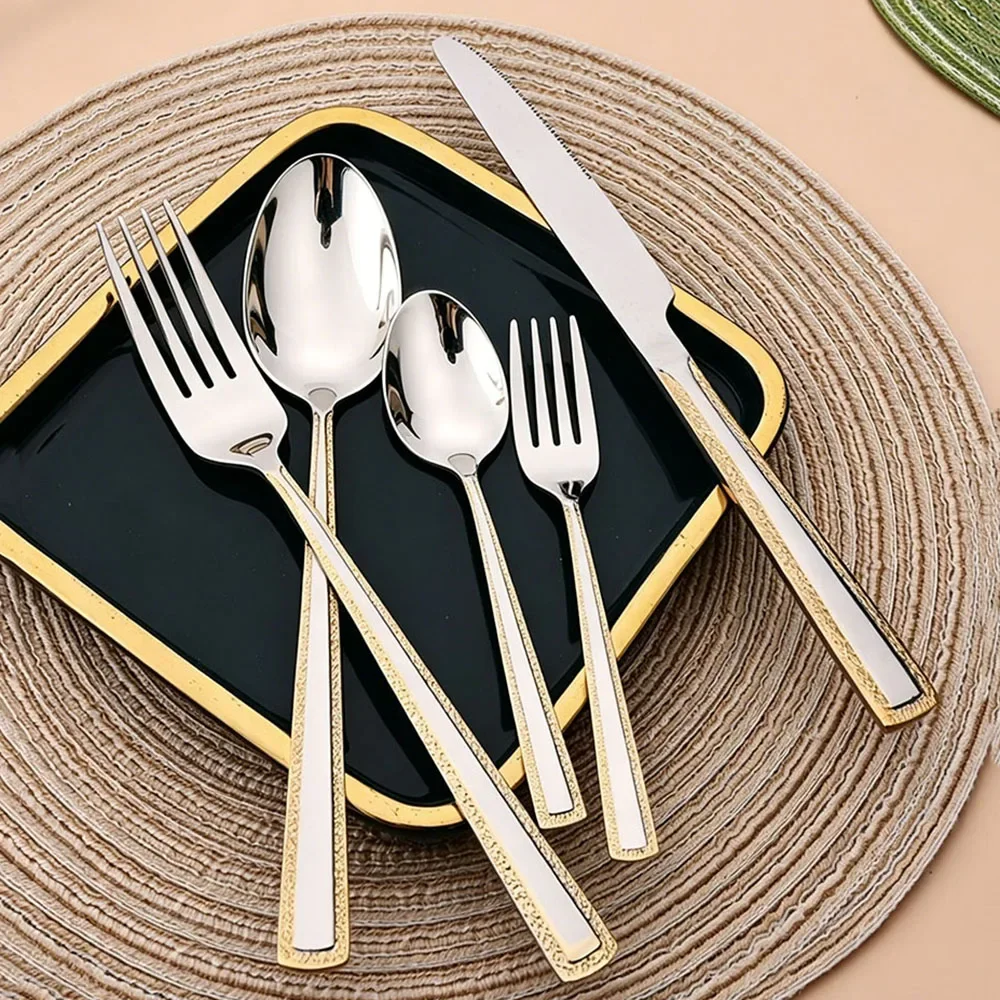 4Pcs Stainless Steel Cutlery Set Knife Fork Spoon Dinnerware Set Embossed handle Dinner Tableware Kitchen Home Flatware