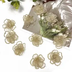 10pcs/Lot Sew On Lace Flower Patches White Sub Gold Organza Flower Appliques for Bridal Wedding Dress Clothes DIY Decoration