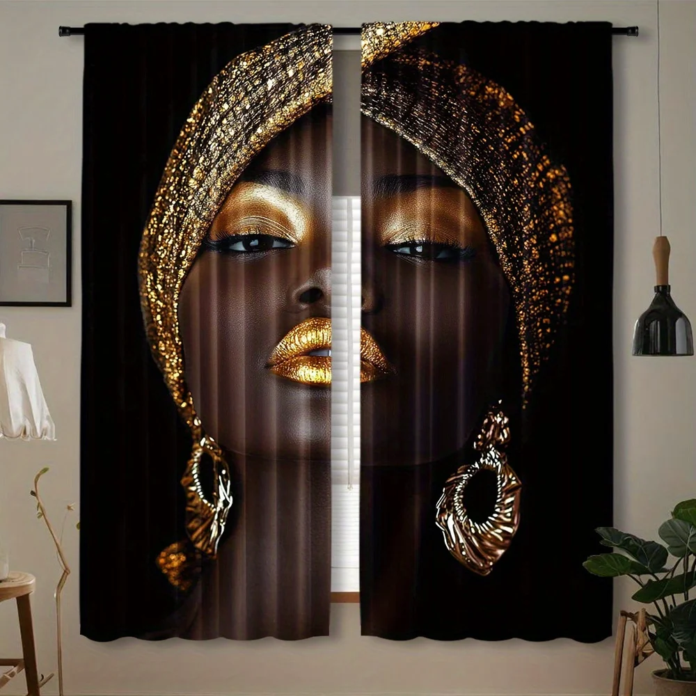 African Woman Curtains Black Gold Portrait Window Drapes Ethnic Art Home Decor Boho Style Living Room Curtain Design