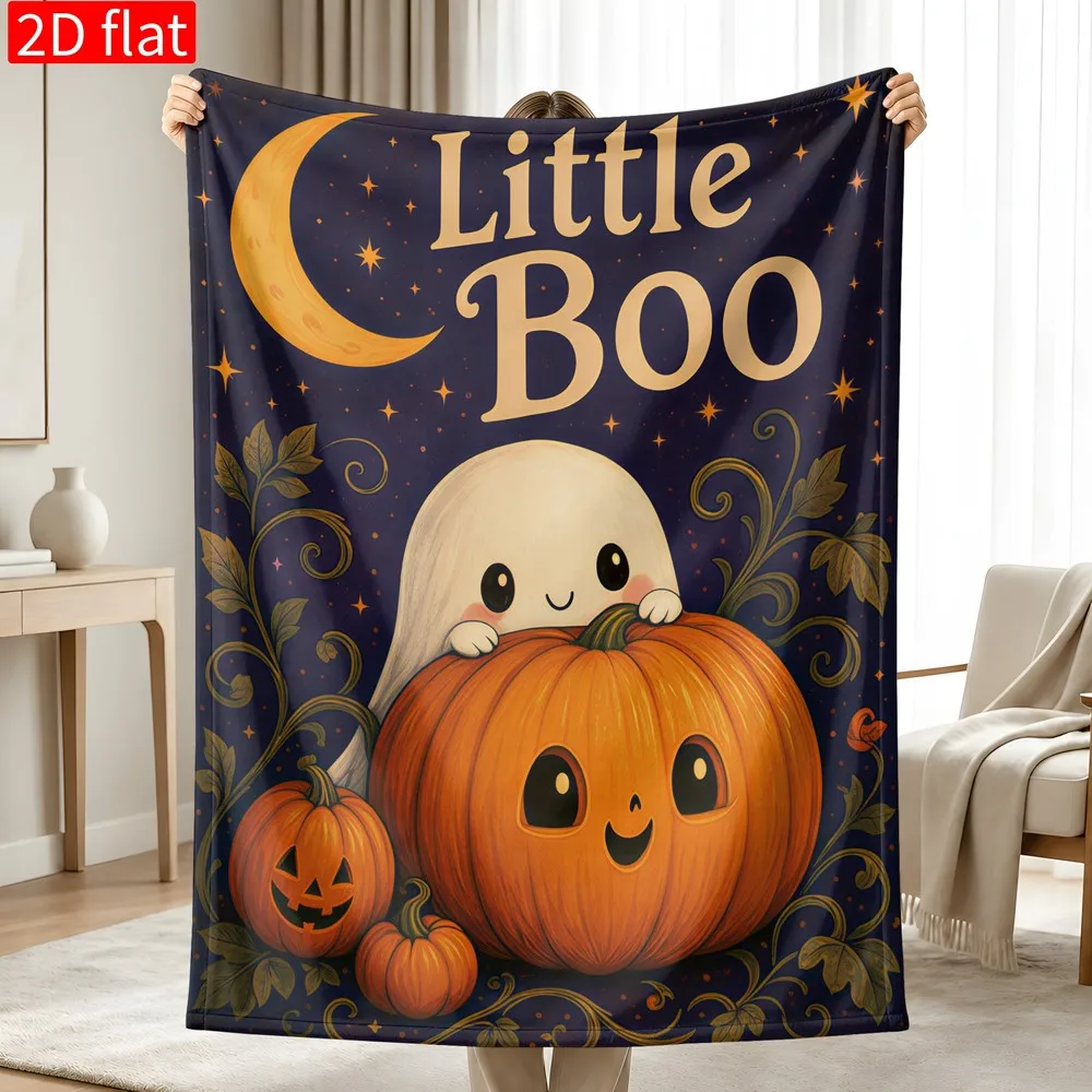 Newest Little Boo Ghost Pumpkin Moon Halloween Flannel Throw Blanket, Cute Cartoon Holiday Blanket for Bedroom Sofa