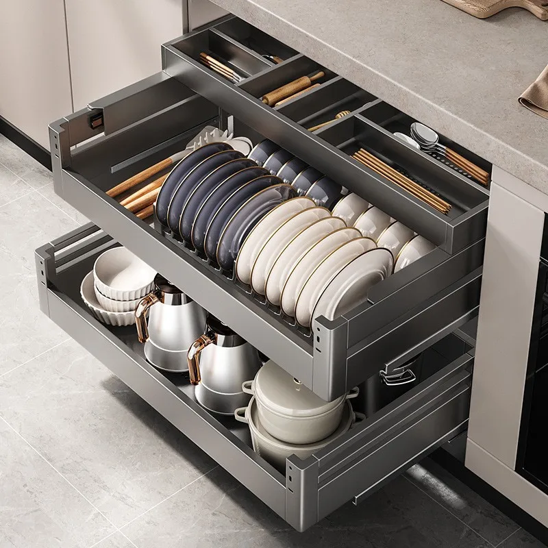 

Kitchen Pull Basket Stainless Steel Cabinet Three Layer Drawer Type Seasoning Dish Rack Storage Dish Basket