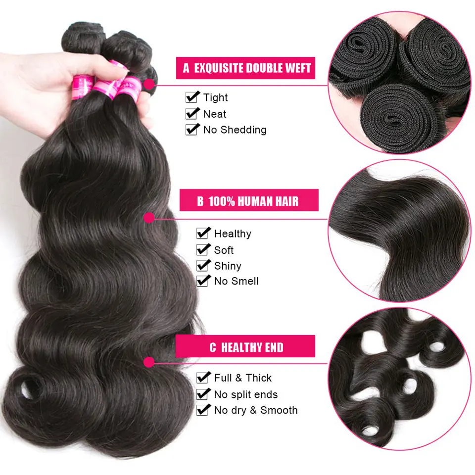 Luduna Body Wave Bundles Human Hair Brazilian Hair Weave Bundles 1/3/4 Bundle Deals Human Hair Extensions Natural & Jet Black