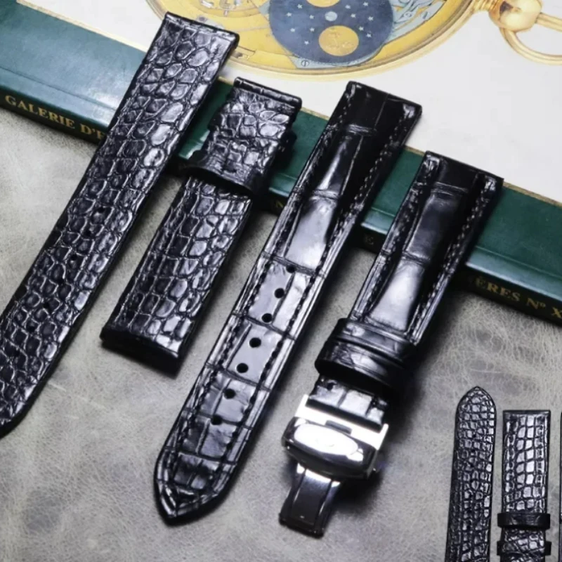 20 21 22mm Black two-sided Crocodile Skin Strap Brand Belt Genuine Leather Men's Butterfly Buckle Alligator Watchbands chain