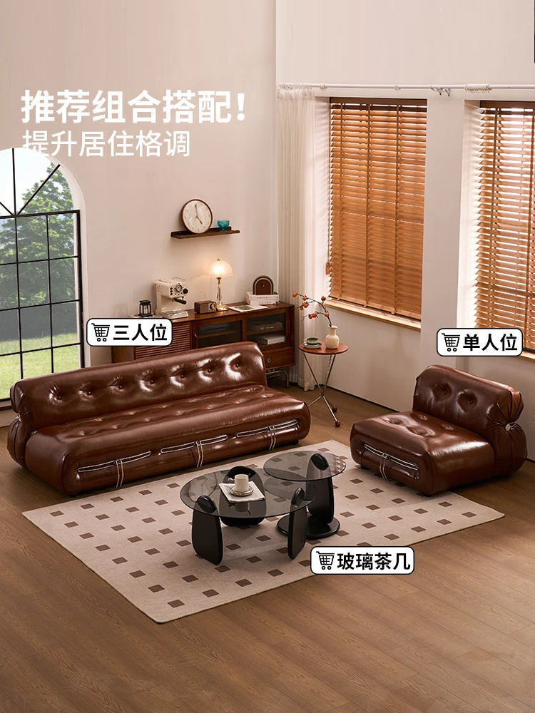 

French retro medieval style large steel tooth hippo sofa living room small apartment designer brown oil wax leather art sofa