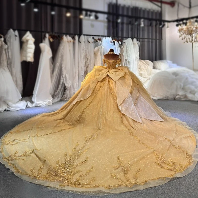 Champagne Gold Quinceanera Dresses Glitter Crystal Decal off-shoulder Layering Long tail Bow Vestido 15 Quinceanera Customize