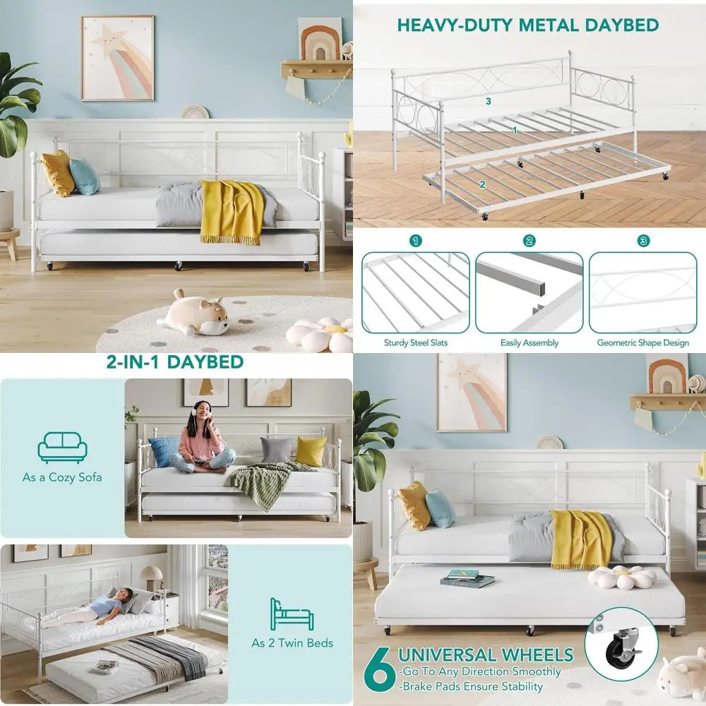 Metal Daybed with Trundle and Steel Slat Support, Versatile Sleep Solution for Bedroom - White