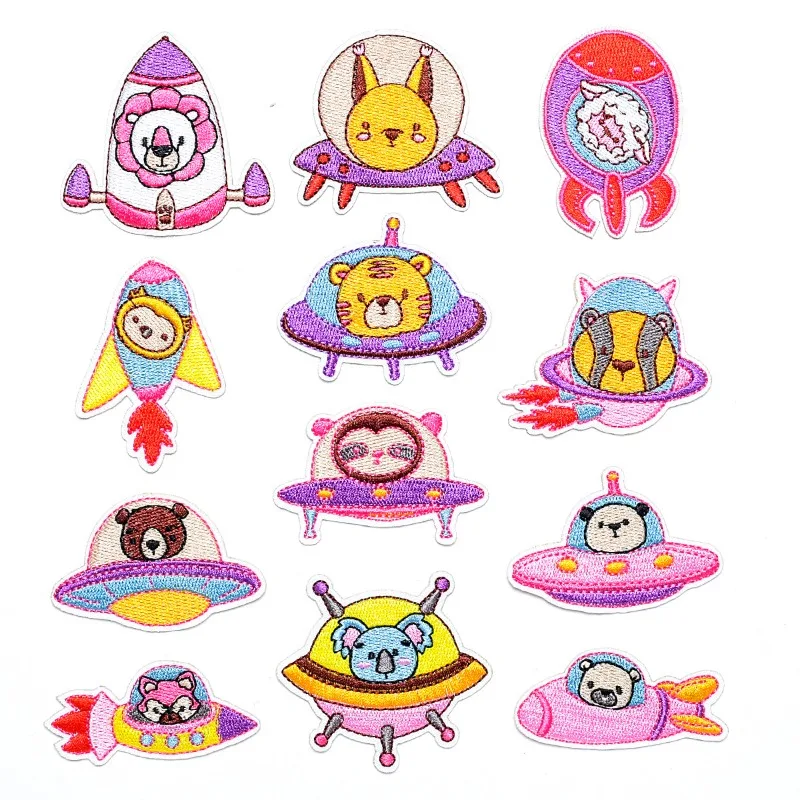 30pcs/Lot Luxury Embroidery Patch Pink Rocket Flying Saucer Bear Shirt Bag Clothing Decoration Accessory Craft Diy Applique