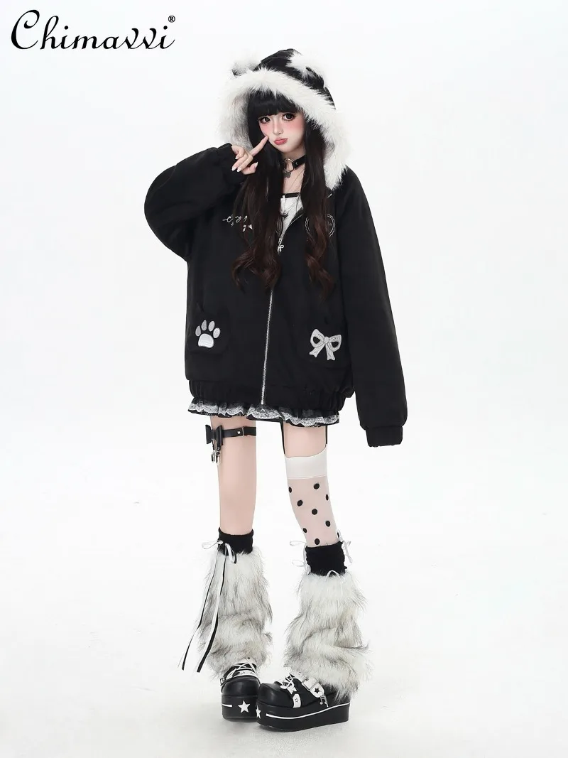 النمط الياباني أفخم القط الأذن مقنعين فضفاضة الدافئة الجلد المدبوغ سترة قطن المرأة شتاء جديد الحلو فتاة باردة معطف طويل الأكمام