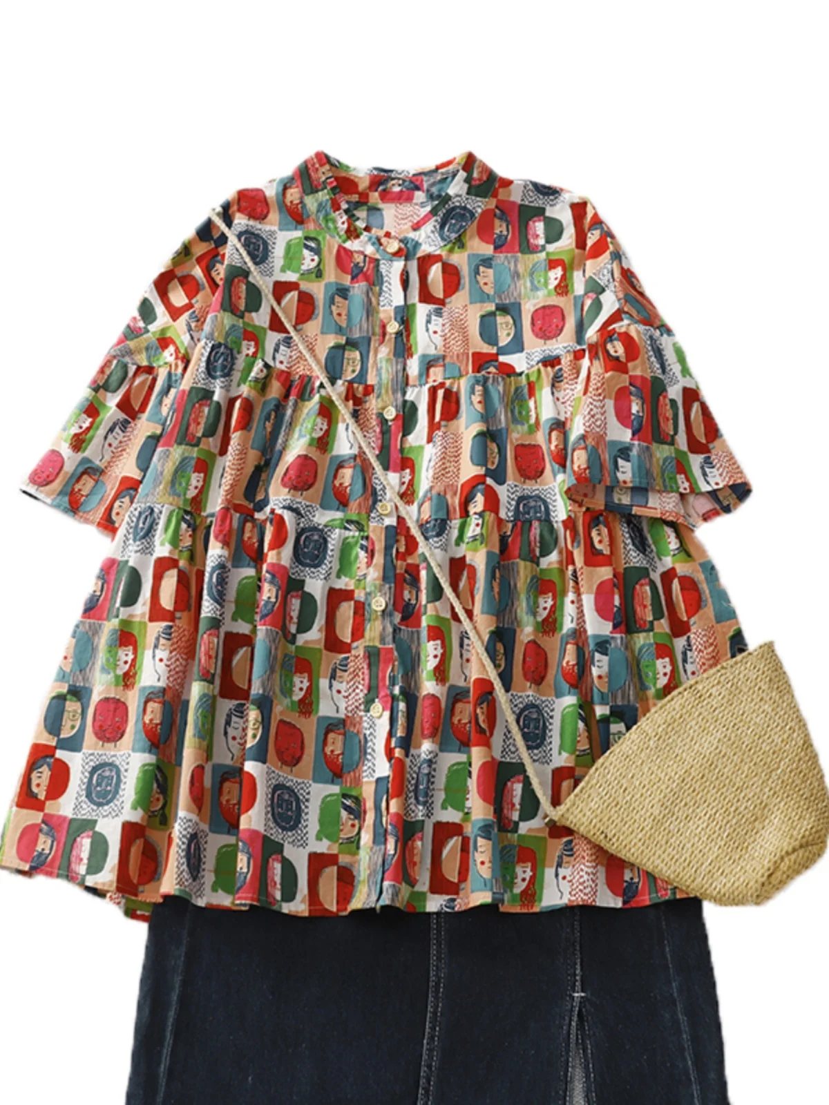 Doodle fiti ort Sve irt Thin Cotton Polyester A-Line Doll Print Button up Women's Casual Summer irt 2023