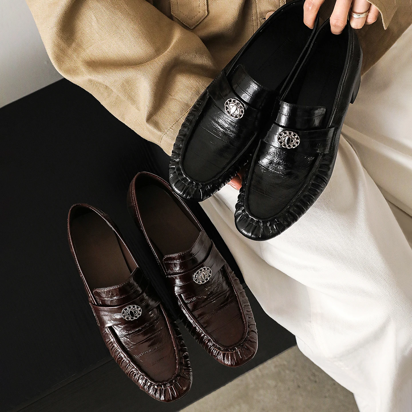 2026 new spring autumn women pumps natural leather 22-25cm cowhid+sheepskin+pigskin round toe pleated loafers women shoes