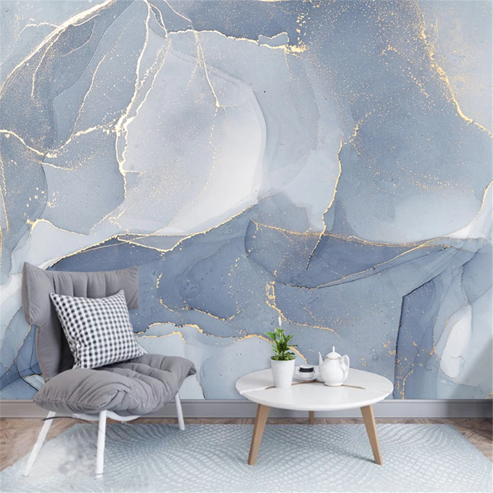 custom papel de parede 3D wallpaper light luxury blue infiltration ink gold marble tile TV background wall paper wall stickers