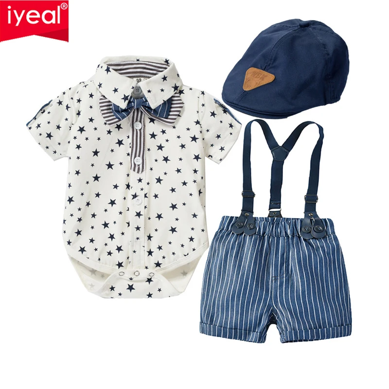 IYEAL New Boys' Summer Gentlemen's Set Cartoon Star Pattern Bodysuit+Striped Strap Pants+Hat 3 Piece Set For Wedding Party