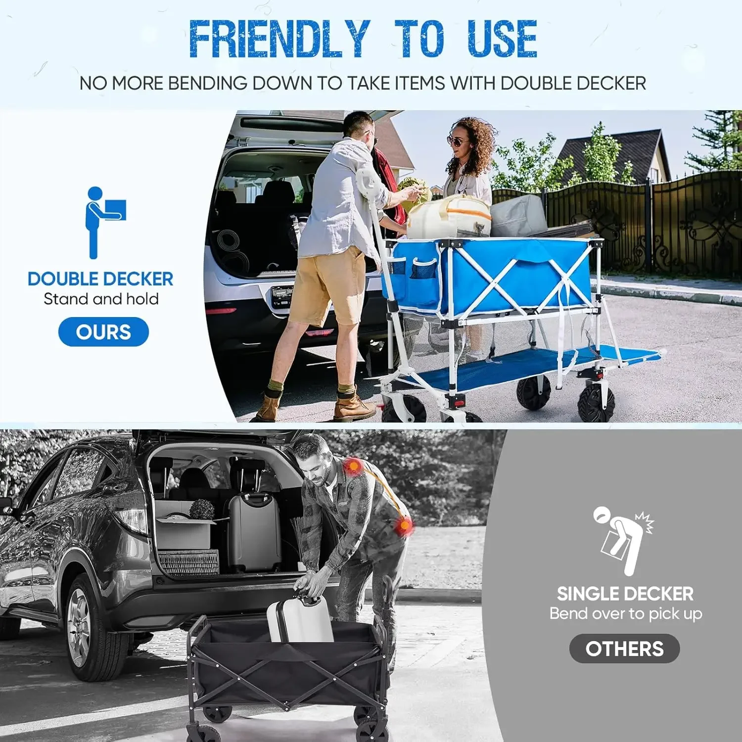 Складной двухэтажный пляжный фургон объемом 400 л с тормозами, складная пляжная тележка с удлиненным палубом 54 дюйма, сверхмощный фургон емкостью 450 фунтов