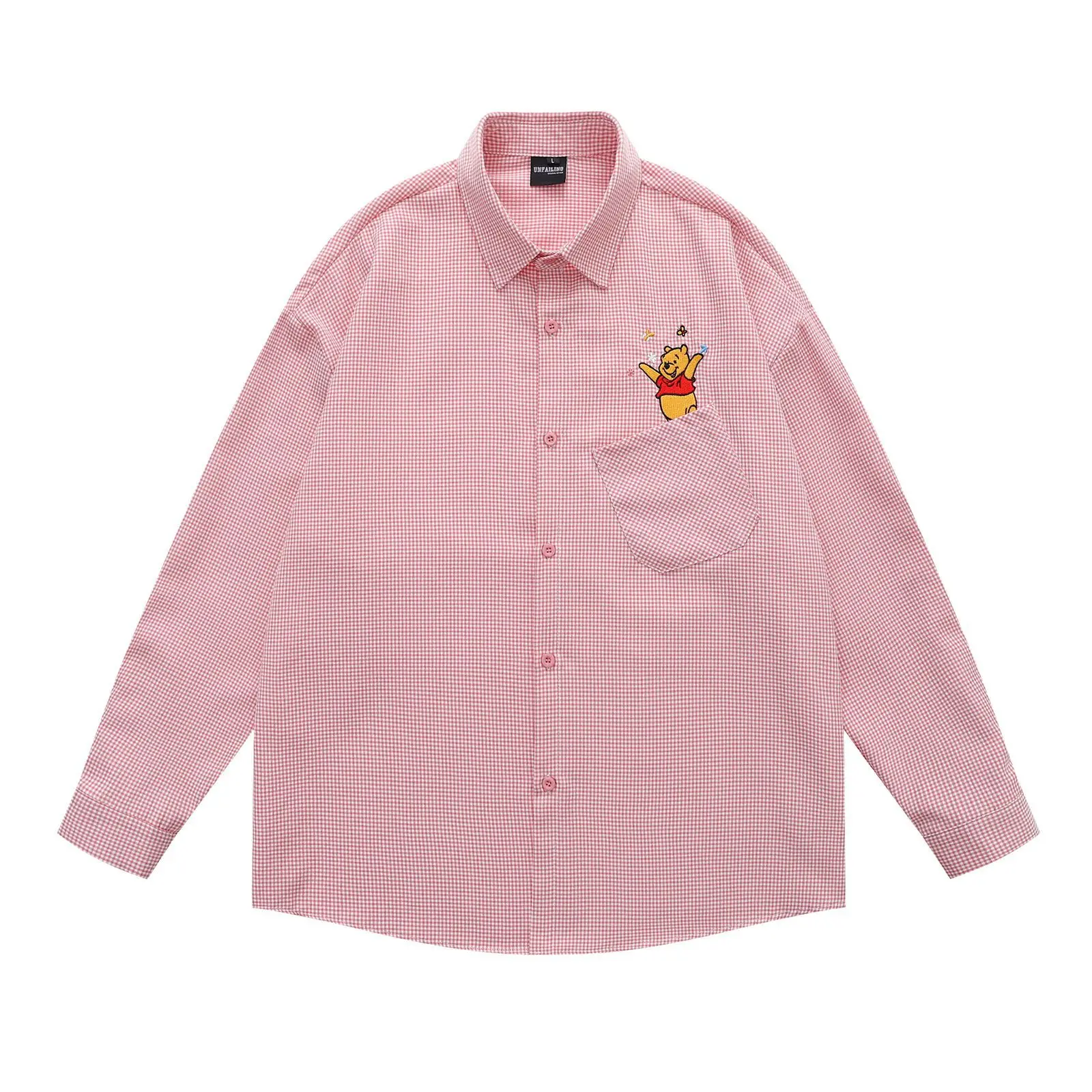 American Retro Fun Cartoon Embroidered Plaid Long Sleeve Shirt for Women Loose Casual Versatile Couple Shirt Jacket for Autumn