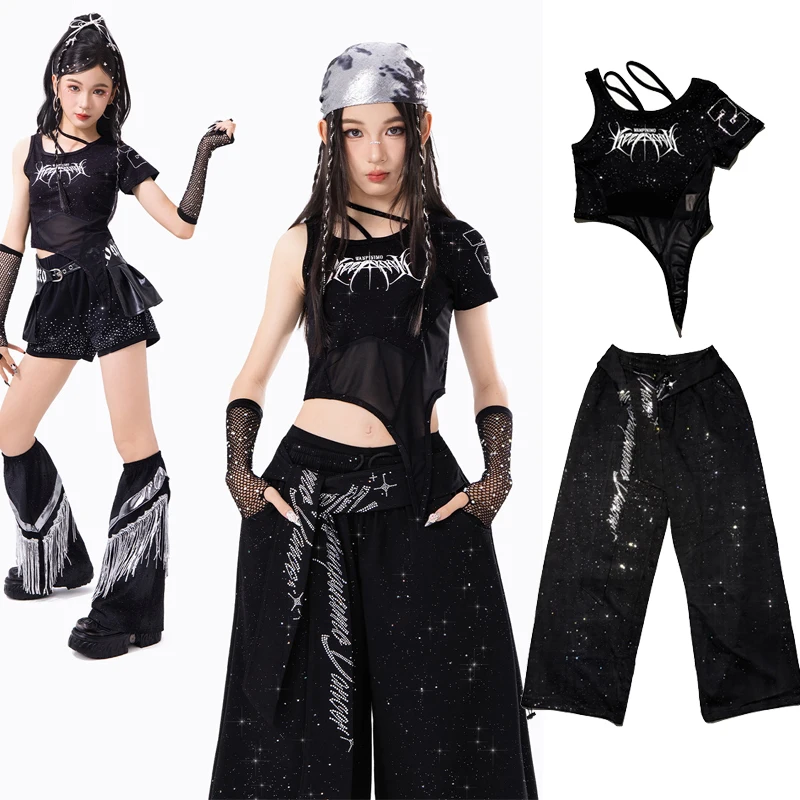 2026 Moderne Jazz-Tanz-Performance-Kostüme für Mädchen, schwarze Crop-Tops, lockere Hosen, Anzug, Streetwear, Kinder-Hip-Hop-Kleidung XH4961