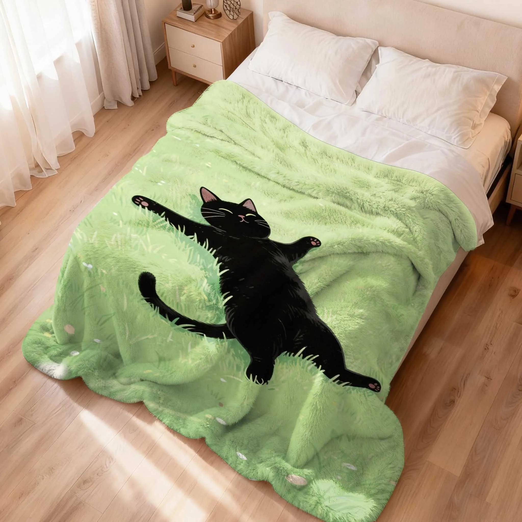 VIKAMA Überwurfdecke mit schwarzer Katze und Grasfrischem Druckdesign, weich und warm für Wohnzimmer und Schlafzimmer, Heimdekoration für alle Jahreszeiten
