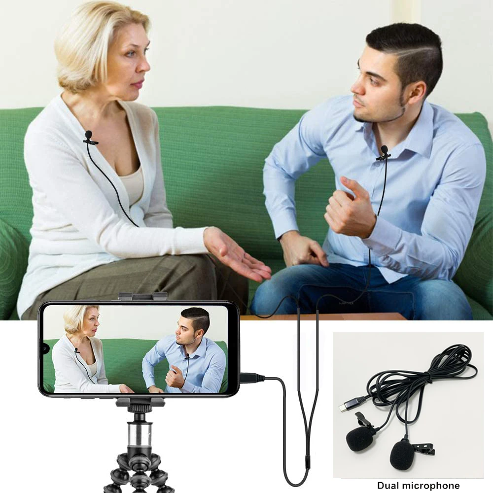 PUJIMAX Microphone Double Lavalier Lapel Microfone USB Type-C Interface Head 1.5m/3m Cable for Xiaomi Huawei Android SmartPhone
