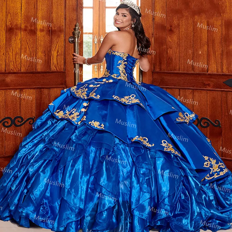 Quinceanera-ロイヤルブルーとゴールドの刺embroideryドレス,オーガンザのカスタムページェントバースデードレス,ふくらんでいる魅力,15歳