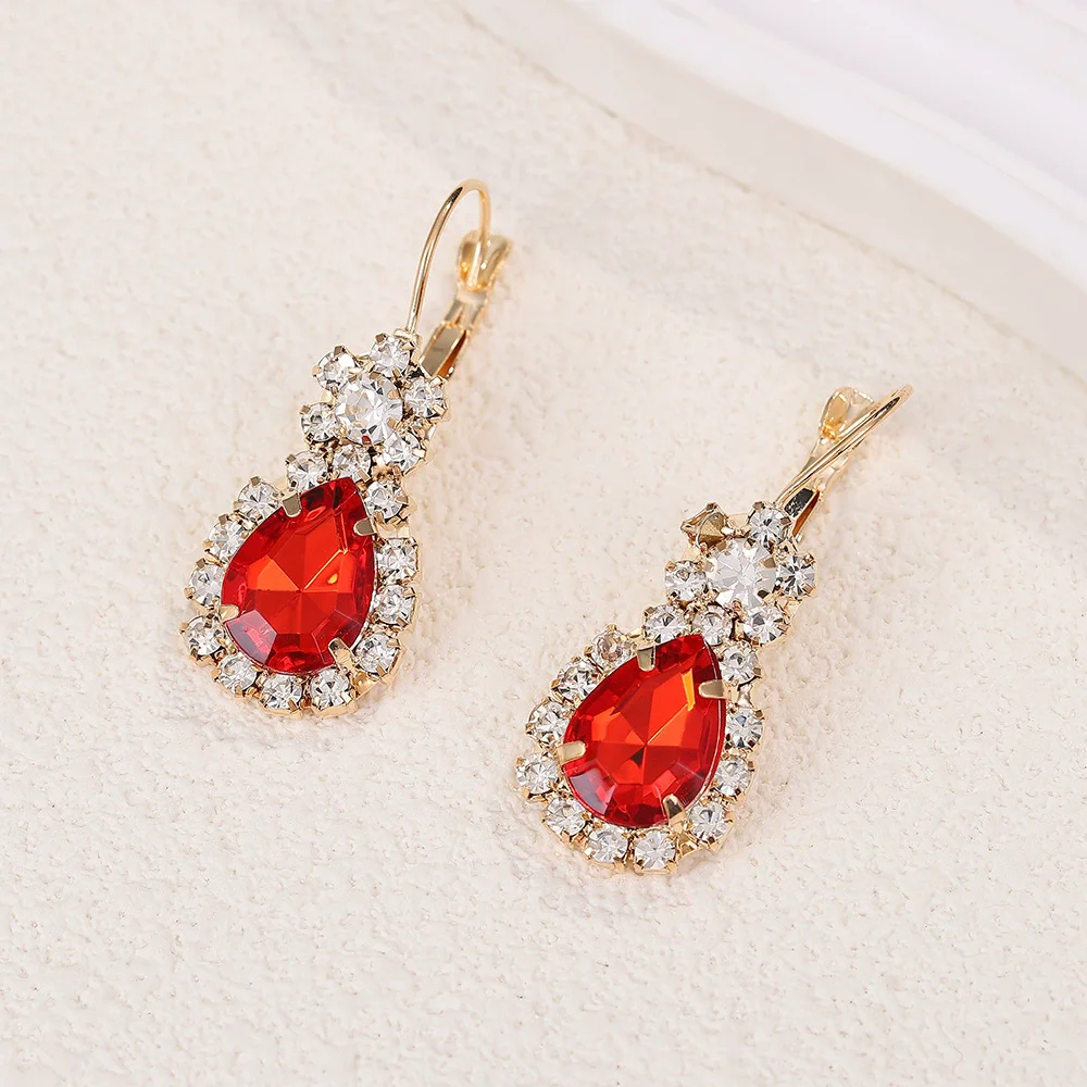 Trendy Red Water Droplet Rhinestones Jewelry Sets for Women Pendant Necklace Open Ring Drop Earrings 3pcs/set Elegant Jewelry
