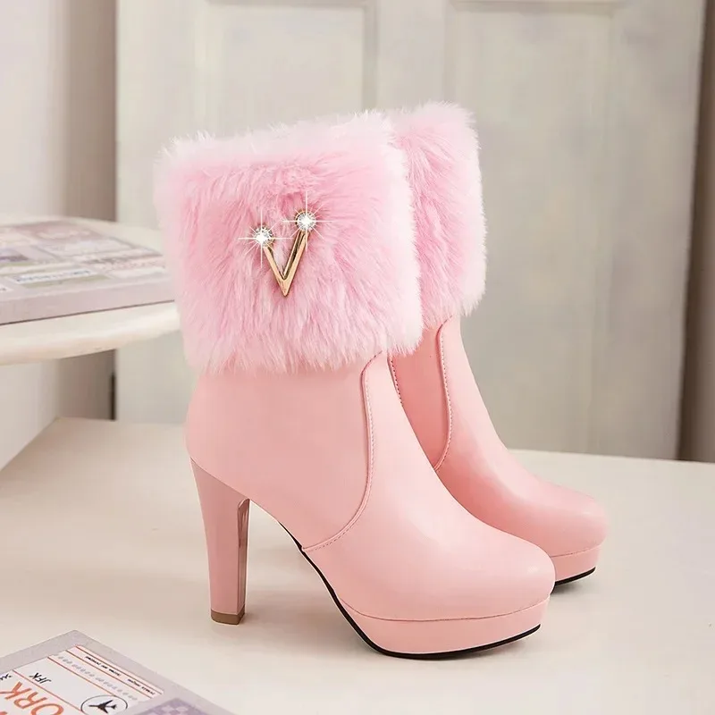Womens Ankle Boots Bowtie Lovely Lolita Winter Fashion High Heel White Black Fur Ladies Party Wedding Shoes 35-42
