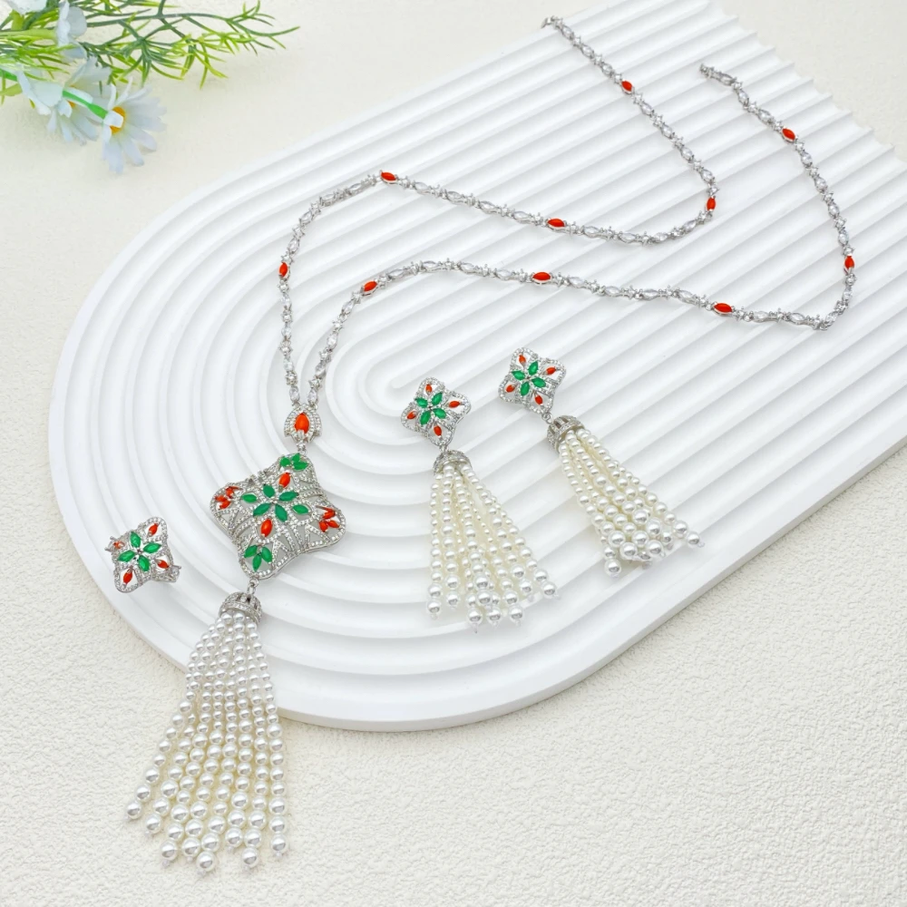 Falair Elegant Party Jewelry Imitation Pearl Multi-layer Necklace Earrings Ring Set Cubic Zirconia Plated Copper Women