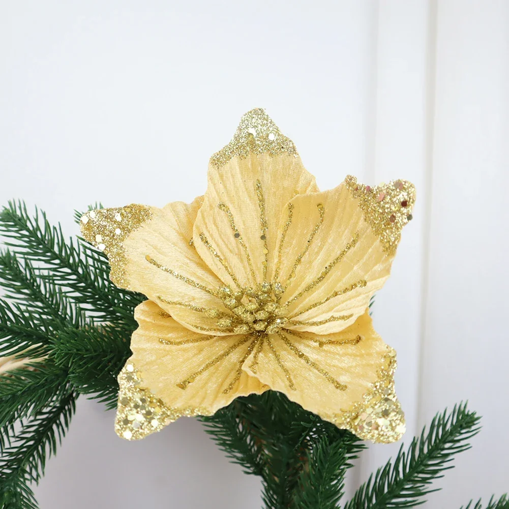 1pc 21cm Christmas Flower Fabric Sequin Simulation Flower DIY Flower Christmas Party Arrangement Happy New Year Decoration