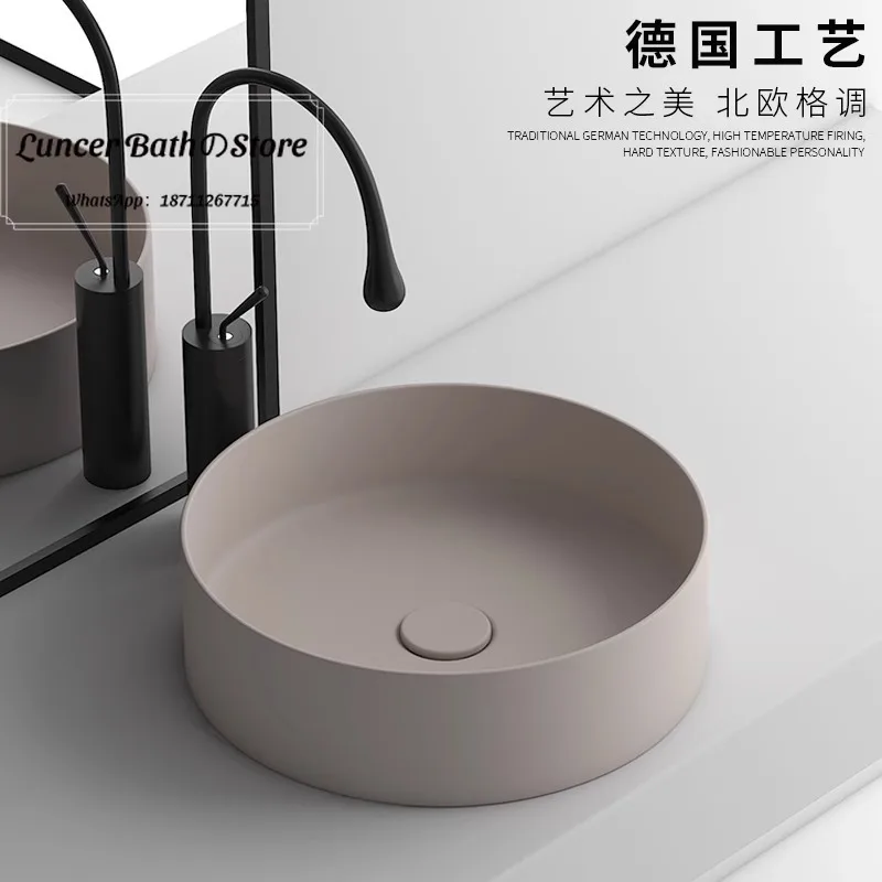 Minimalist Khaki Matte Ceramic Vessel Sink, Small Round Children Wash Basin for Home Bathroom and Balcony