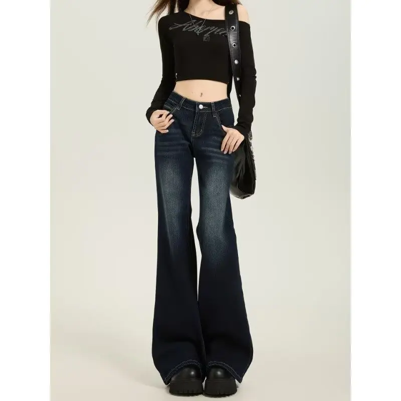 American Dark Blue Micro-pull Jeans Female Summer Hottie Small Low-rise And Thin Non-stick Leg-mopping Flared Pants