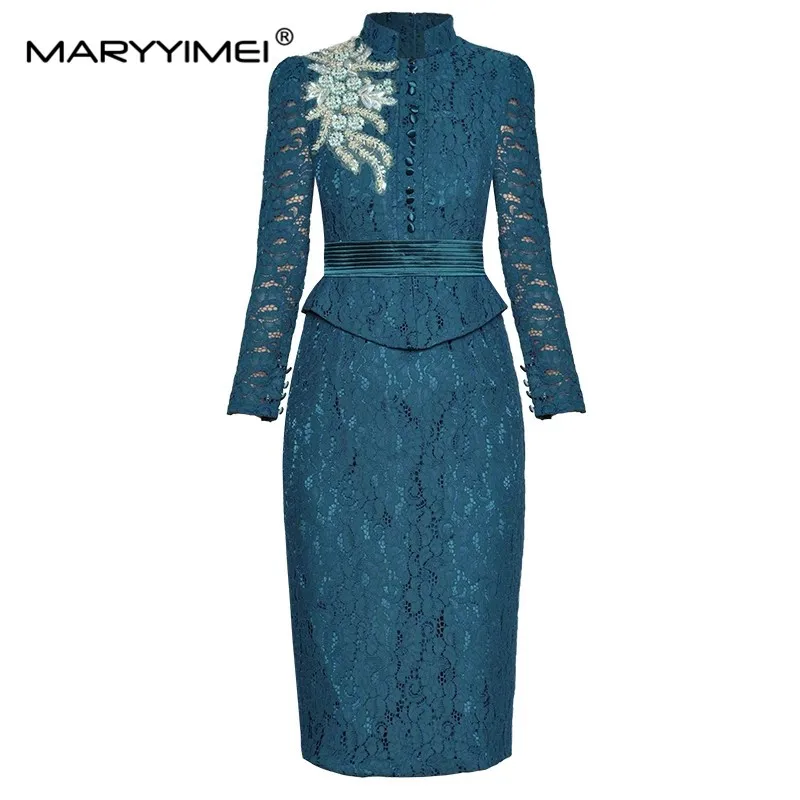 

MARYYIMEI Spring Women's dress Standing collar Long sleeved Beaded sequins Flower Commuter Elegant Package hip Lace Dresses