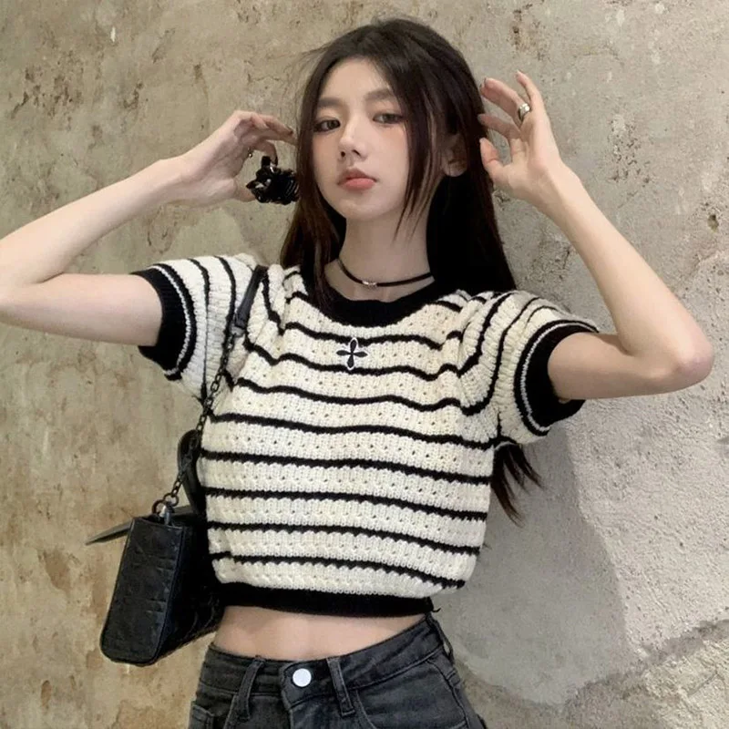 Women Clothing Cross Hollow Striped Sweater Summer New French O-neck Short Sleeve Knit T-shirt Casual Loose Chic Short Top Tees