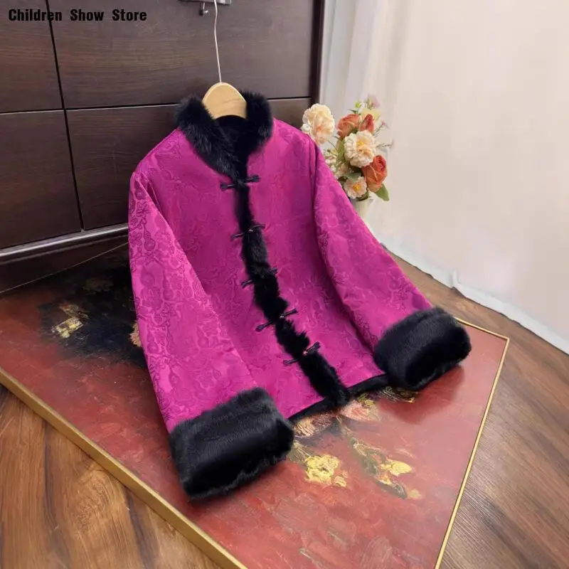 

Warm Furry Collar Tang Clothes Improved Chinese Style Top Lady Long Sleeve Hanfu Jacket Autumn Winter Coat Tradition Qipao Coat