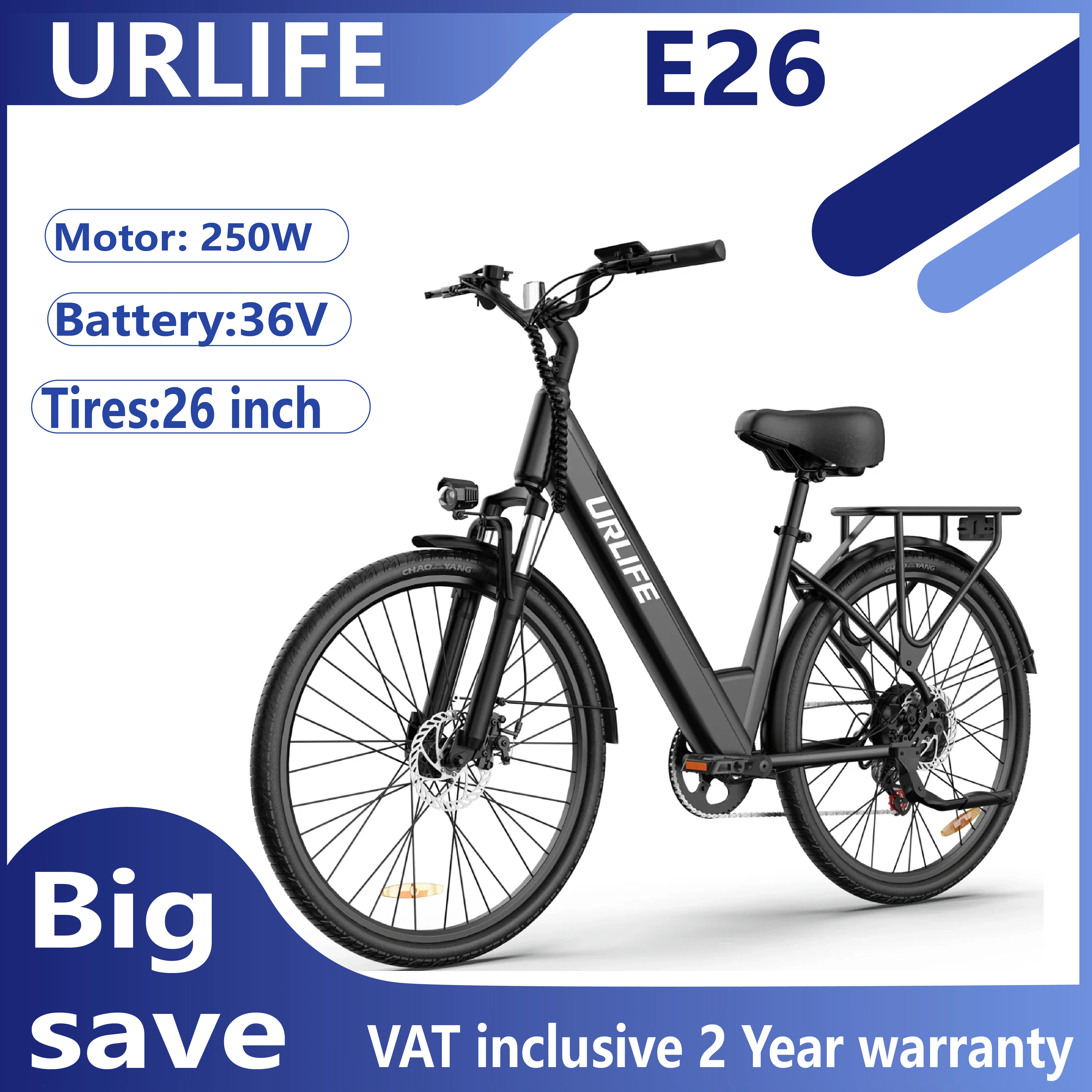 Vélo électrique URLIFE E26 Premium, moteur 250W, batterie 48V 10.4Ah, pneus 26 pouces, système de suspension avant réglable