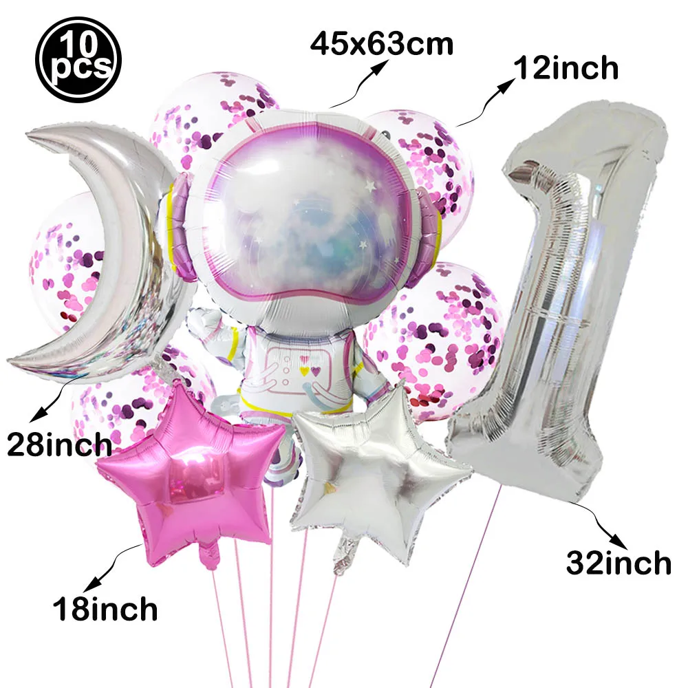 10pcs Pink Astronaut 0-9 Number Balloon Set Moon Stars Girls Kids Outer Space Galaxy Theme Birthday Party Decoration Supplies