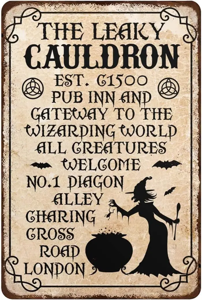 Metal Tin Sign The Leaky Cauldron Vintage Wall Sign for Home Kitchen Bedroom Bathroom Wall Decor Gift for Friends Birthday Ha