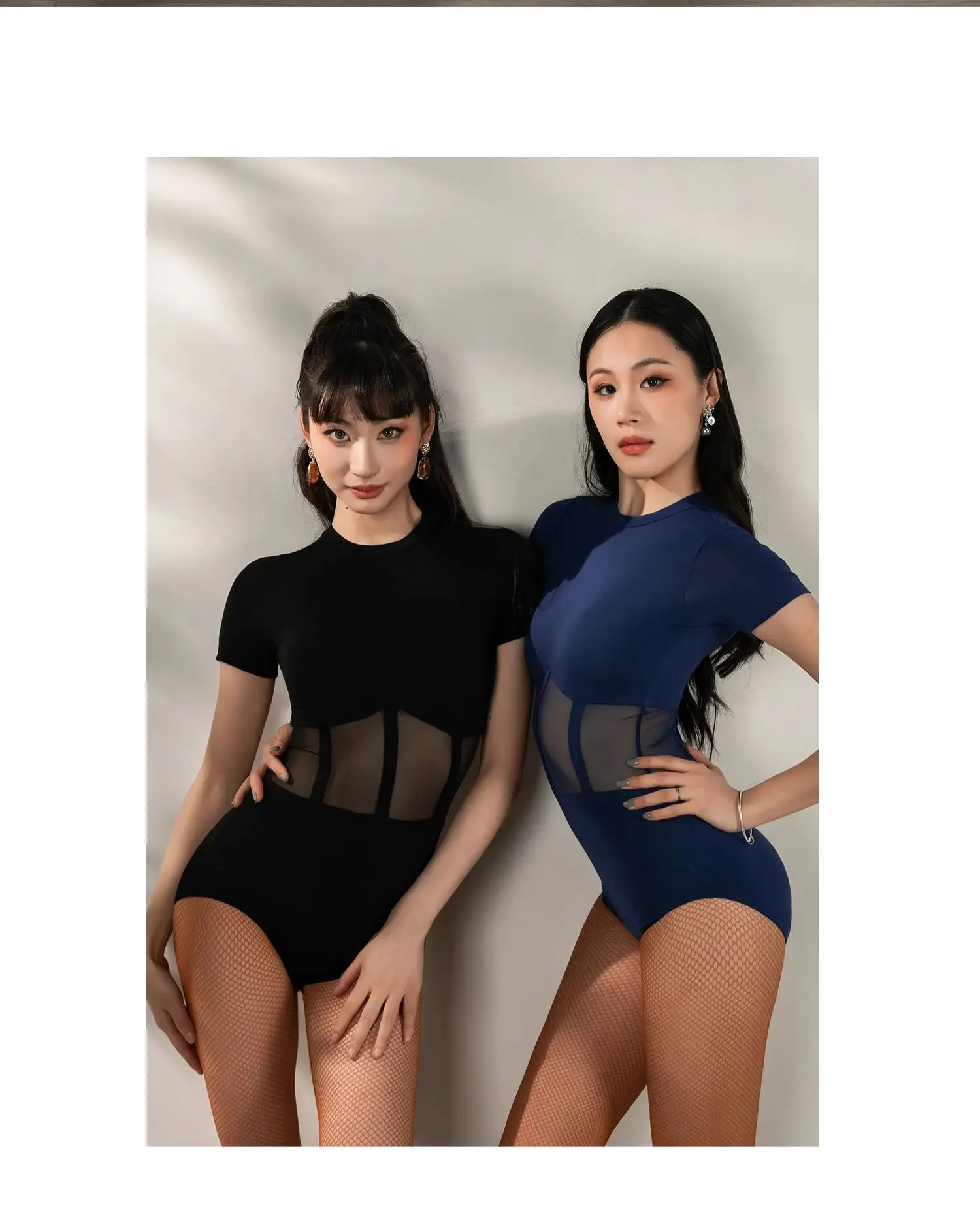 New Latin Dance Dress Women's Sexy Short Sleeve Perspective One Piece Top+Tassel Short Skirt Professional Dancer Training Set