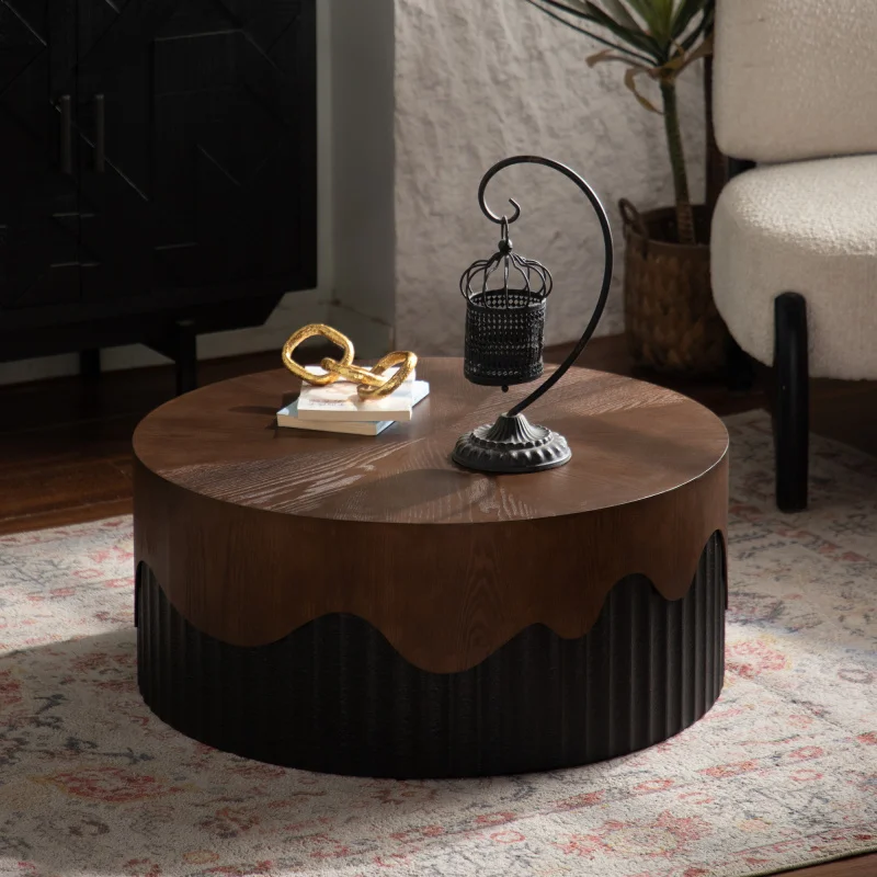 

Modern Round Wooden Coffee Table Handcrafted Relief Sturdy Pedestal for Living Room No Assembly Required