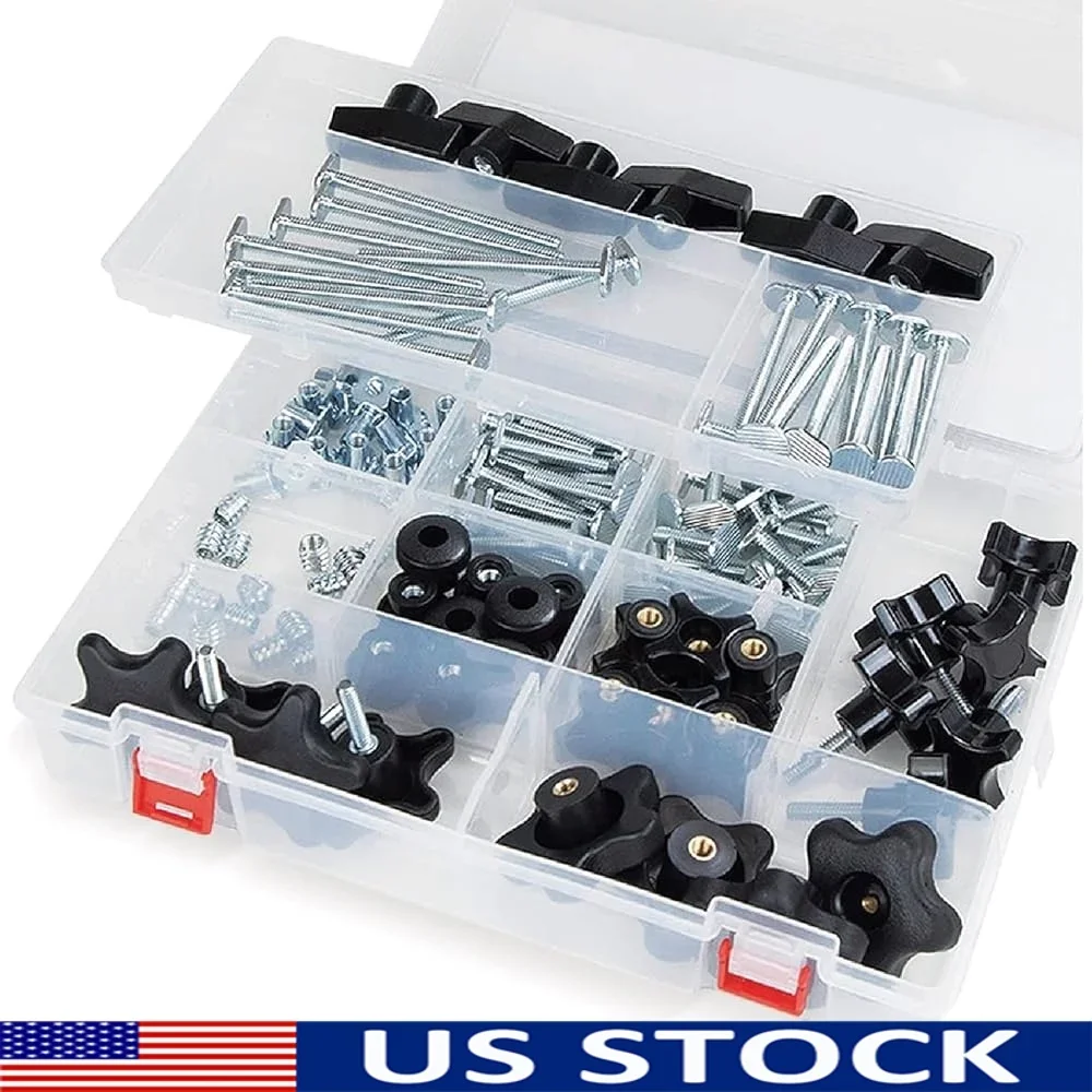 

128 Piece T Track Knob Kit with T-Bolts Washers Threaded Inserts Woodworking Jigs Accessories Precision Hardware Storage Case