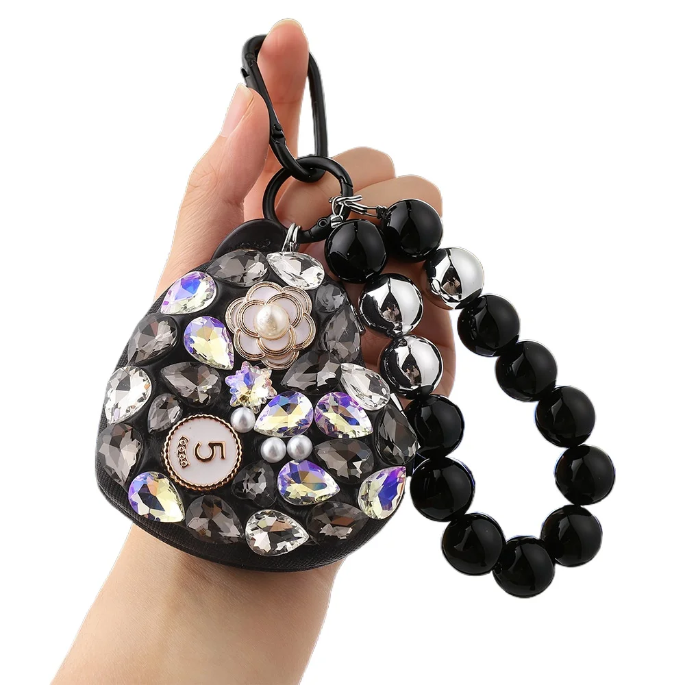 Creative Heart-shaped Makeup Mirror Bling Diamond Double Sided Folding Mirror With pearl chain Keychain Handbag Pendant Ornament