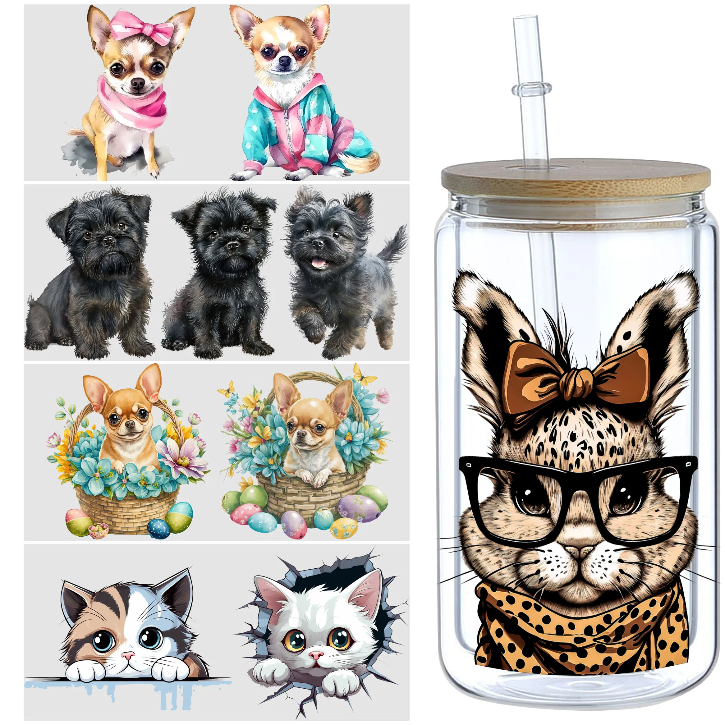 5 Sheets Animal UV DTF Cup Stickers, Glass DTF Transfer Stickers, Waterproof Funny Chick Rub Transfer Paper for 16 oz Glass,Mugs