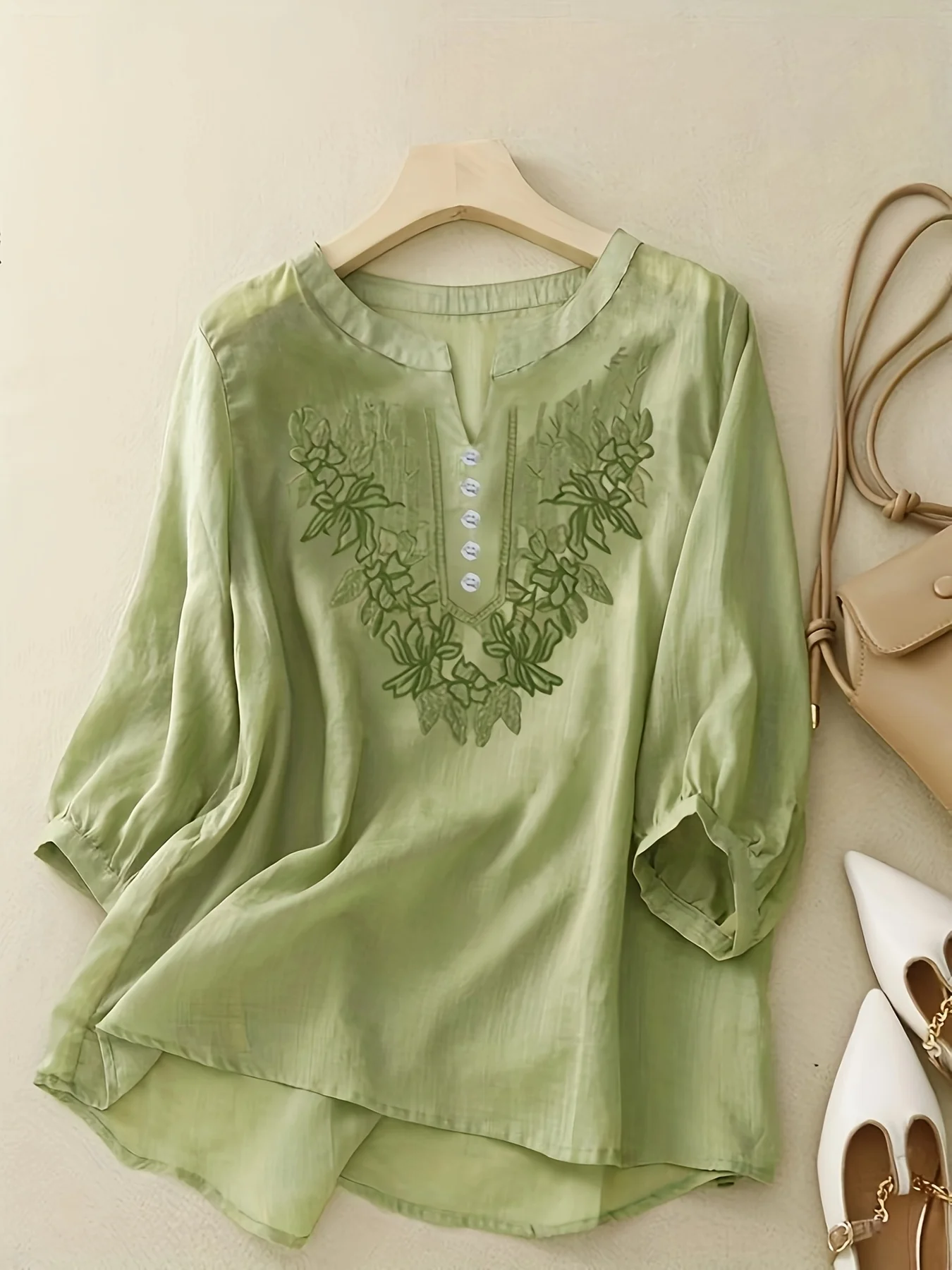 

Women Vintage Embroidery Blouse Summer Casual Loose Tunic Top V Neck Button Shirt Ethnic Floral Boho Shirt Elegant Blouse