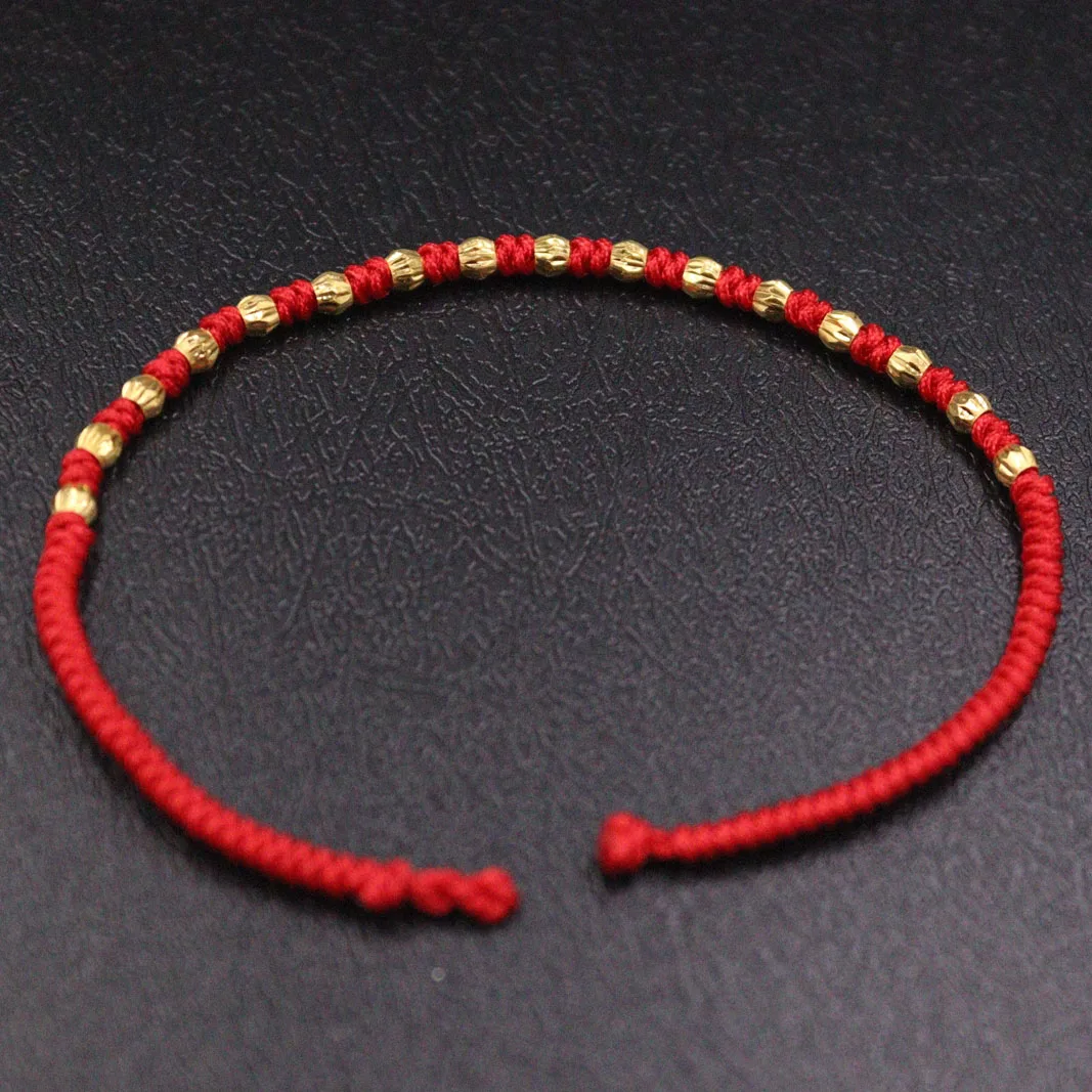 999 Pure 24k Yellow Gold Bracelet 3mm Carved Bead Red String link 7.5inchL